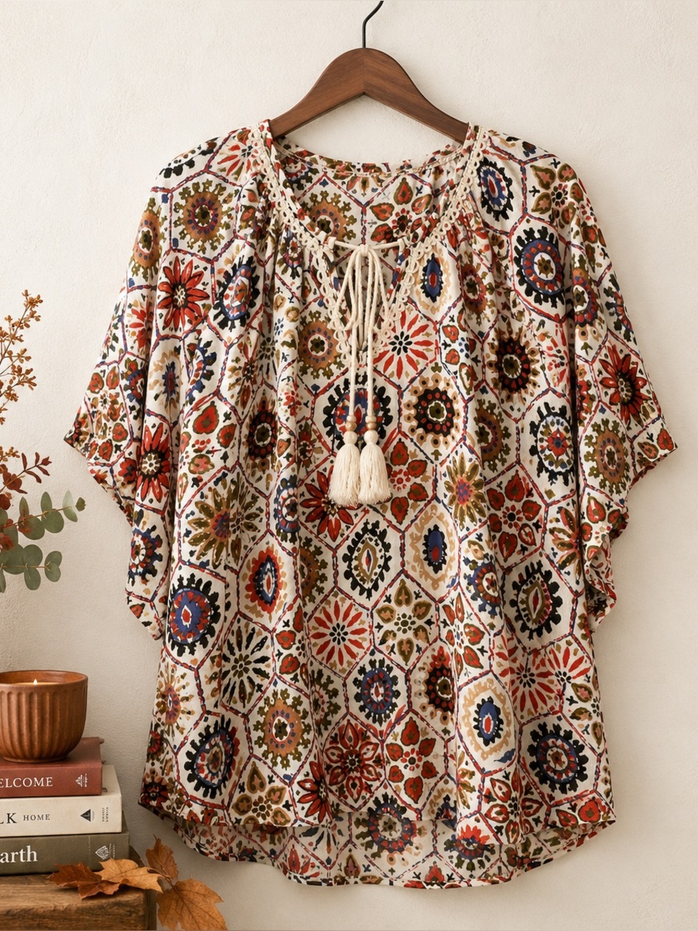 Boho Mosaic Print Peasant Blouse Tassel Tie Fall Folk XXL
